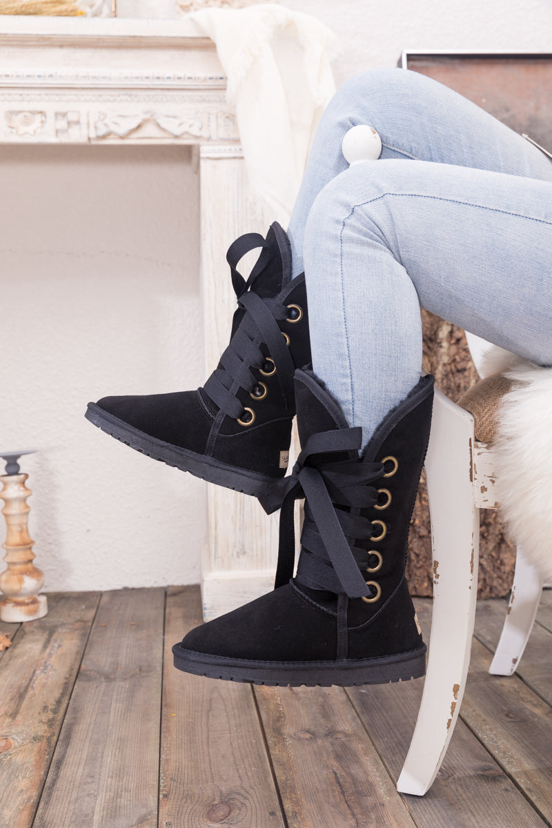 UGG Ribbon Lace-Up Faux Fur-lined Suede Boot - Black