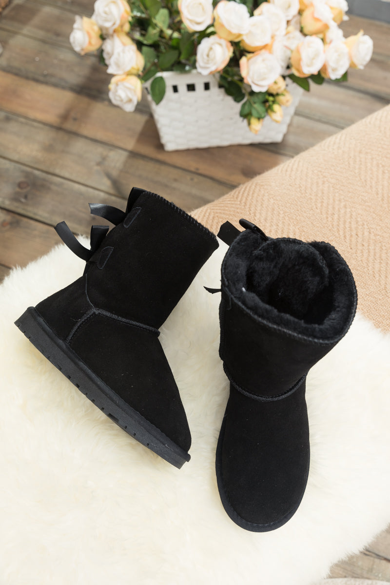 UGG Double Ballet Ribbon Bow Suede Shearling Boots - Black