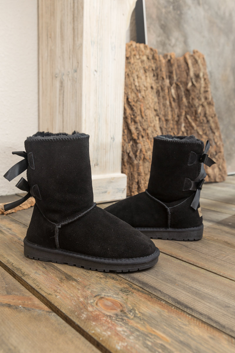 UGG Double Ballet Ribbon Bow Suede Shearling Boots - Black