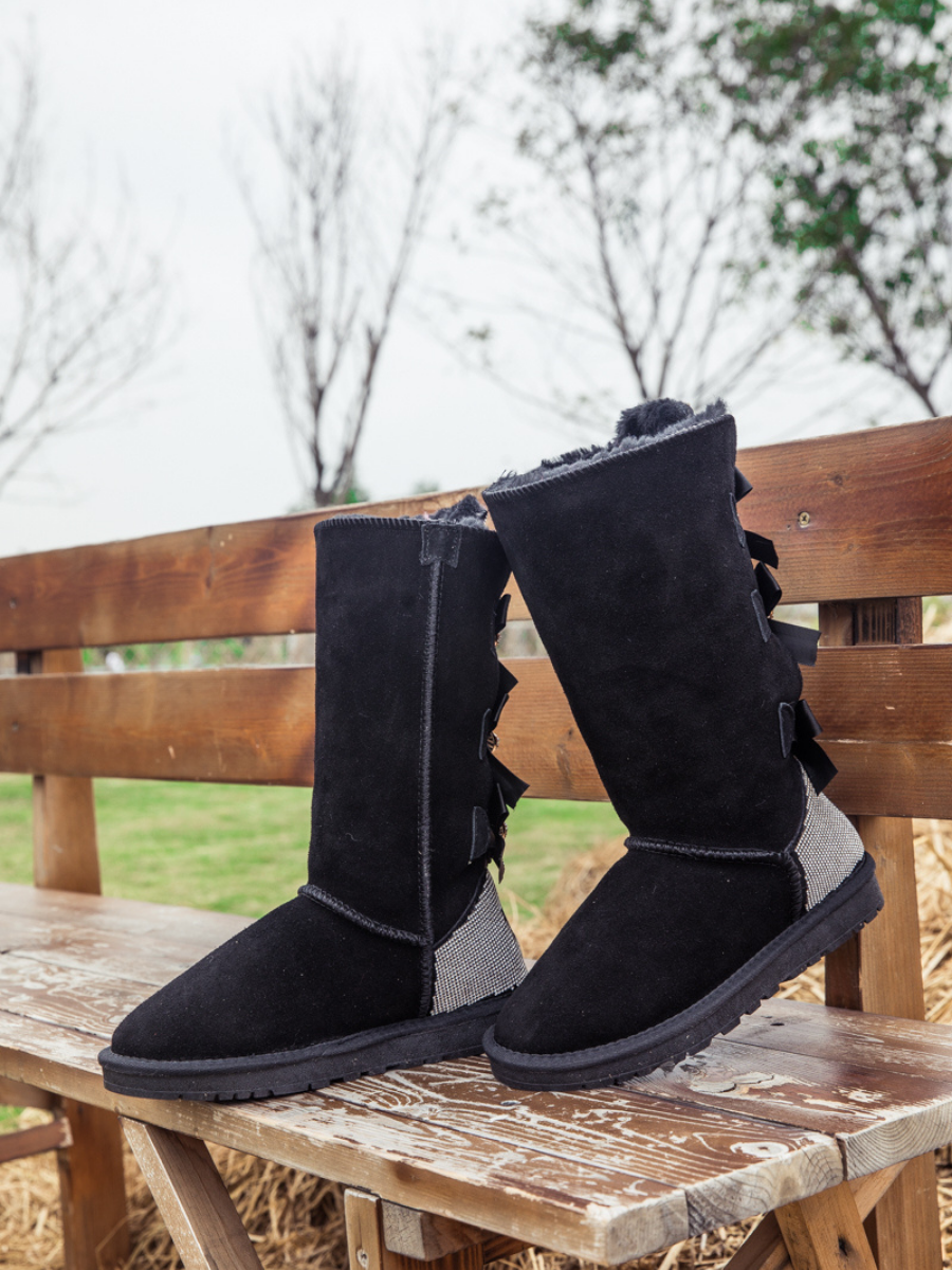 UGG Rhinestone Ribbon Tri-Tie Bow Suede Boots - Black