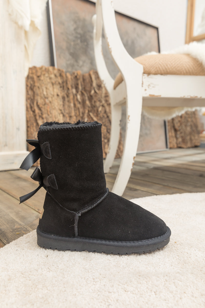 UGG Double Ballet Ribbon Bow Suede Shearling Boots - Black
