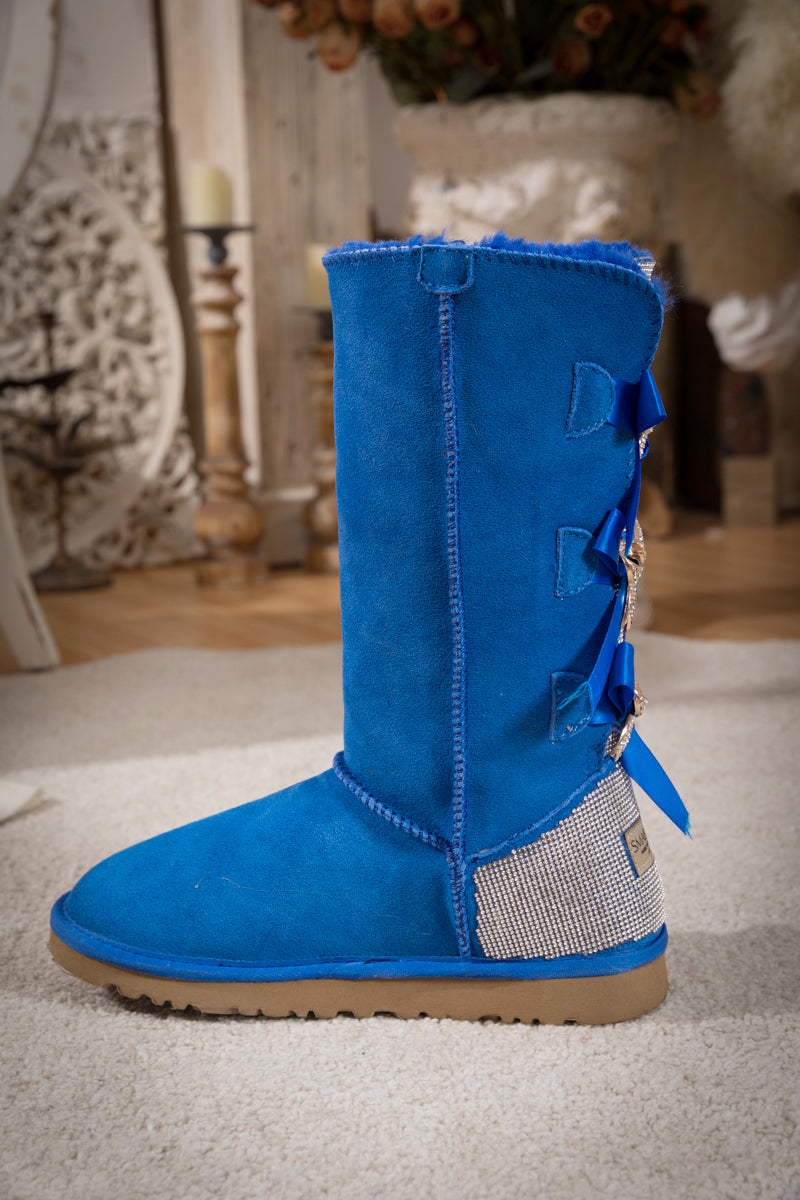 UGG Rhinestone Ribbon Tri-Tie Bow Suede Boots - Blue