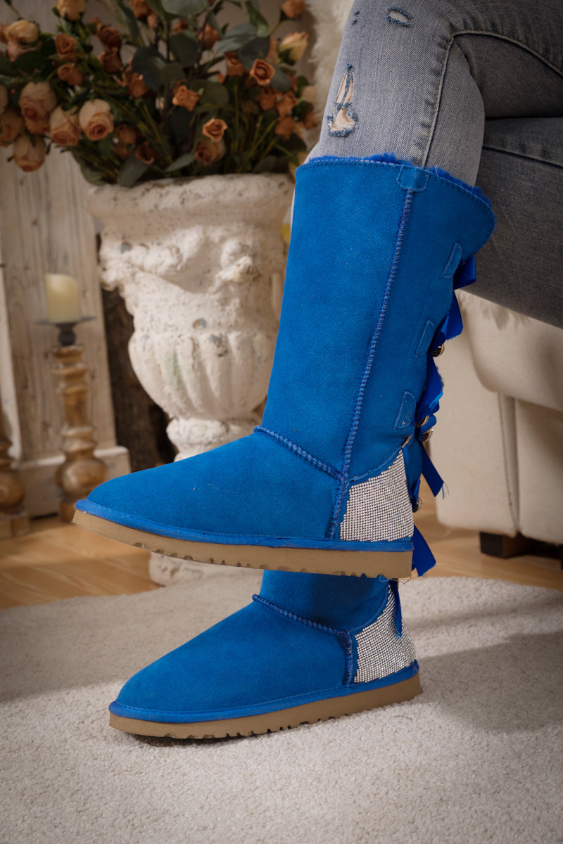 UGG Rhinestone Ribbon Tri-Tie Bow Suede Boots - Blue
