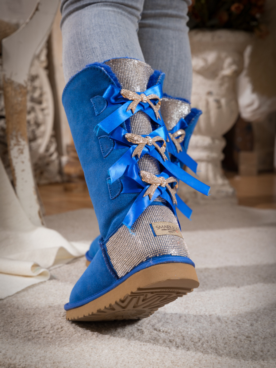 UGG Rhinestone Ribbon Tri-Tie Bow Suede Boots - Blue