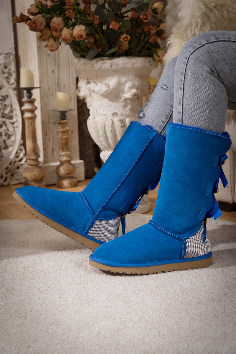 UGG Rhinestone Ribbon Tri-Tie Bow Suede Boots - Blue