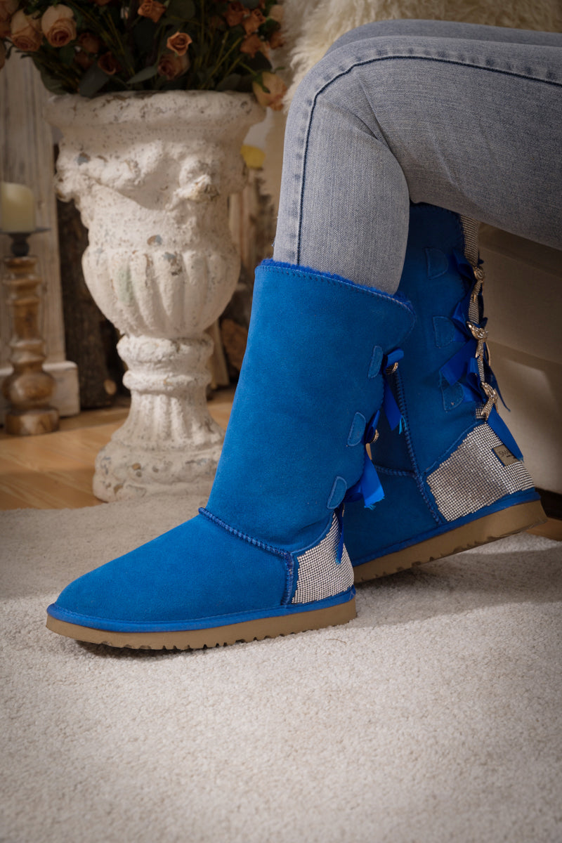 UGG Rhinestone Ribbon Tri-Tie Bow Suede Boots - Blue