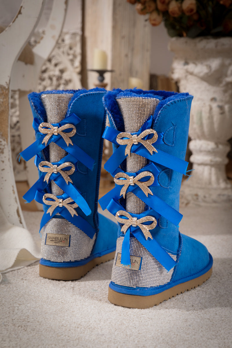 UGG Rhinestone Ribbon Tri-Tie Bow Suede Boots - Blue