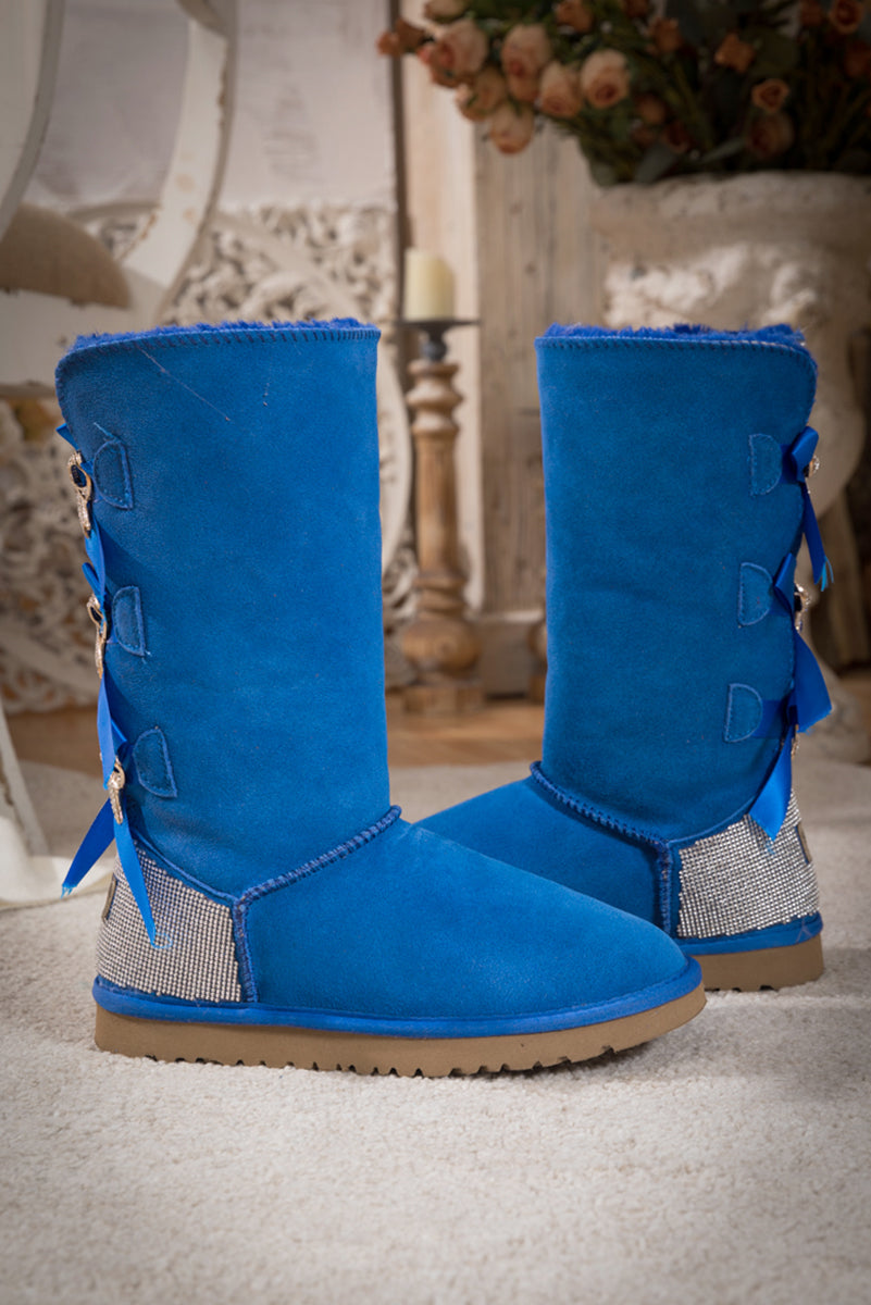 UGG Rhinestone Ribbon Tri-Tie Bow Suede Boots - Blue