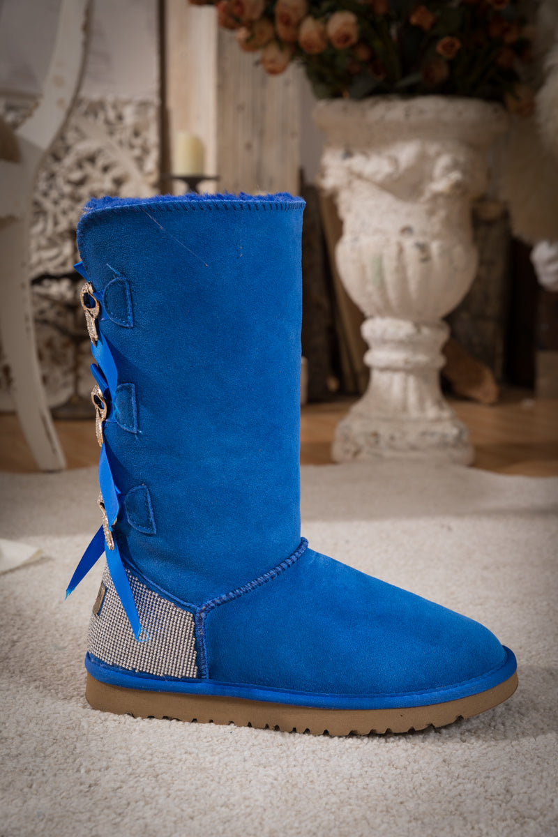 UGG Rhinestone Ribbon Tri-Tie Bow Suede Boots - Blue
