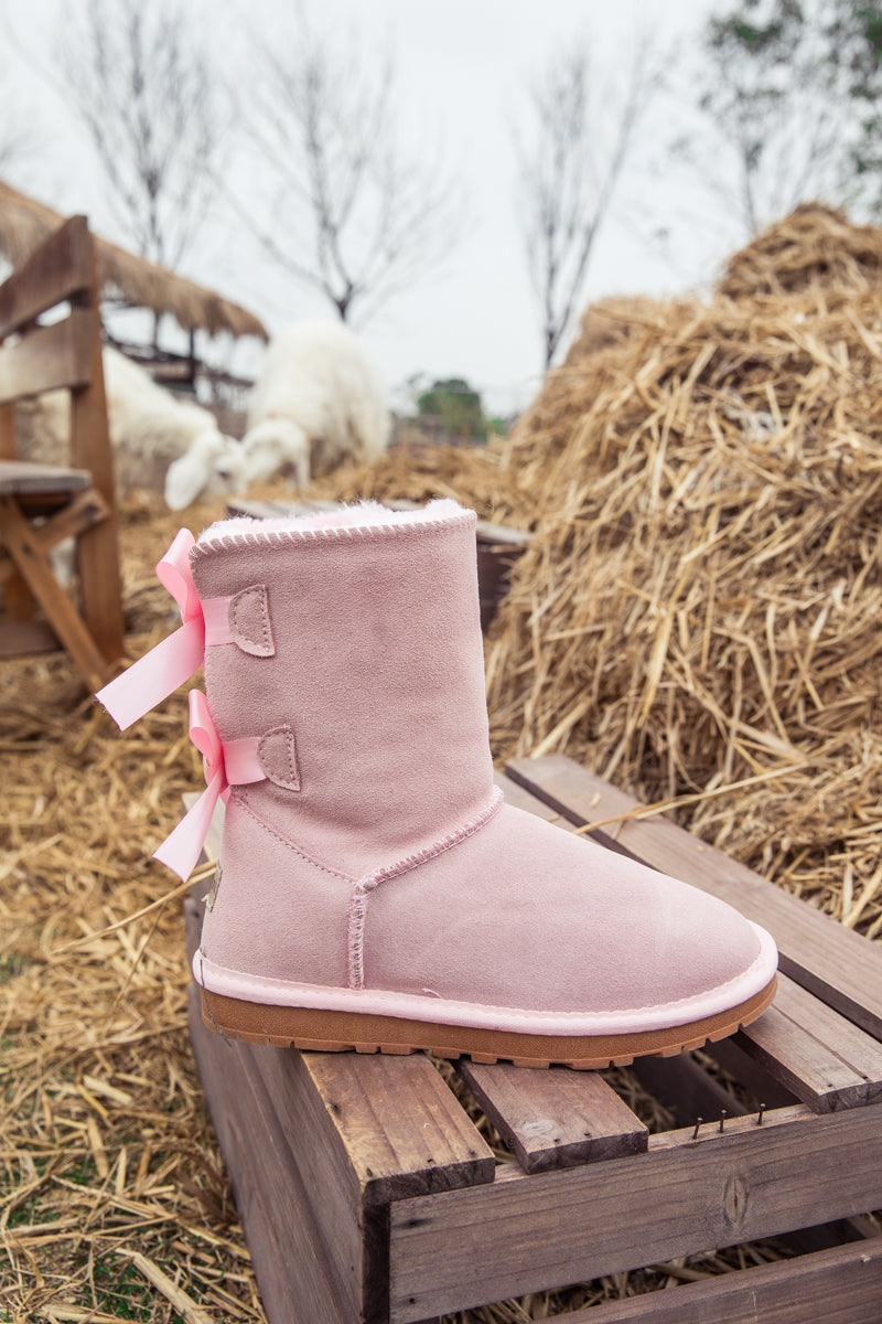 UGG Double Ballet Ribbon Bow Suede Shearling Boots - Pink