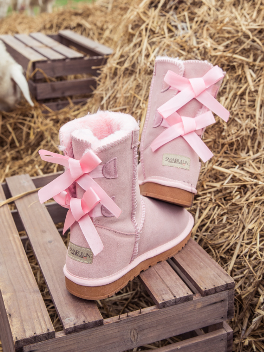 UGG Double Ballet Ribbon Bow Suede Shearling Boots - Pink