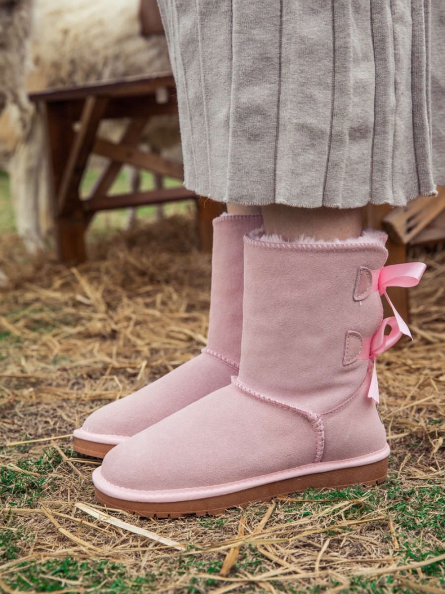 UGG Double Ballet Ribbon Bow Suede Shearling Boots - Pink