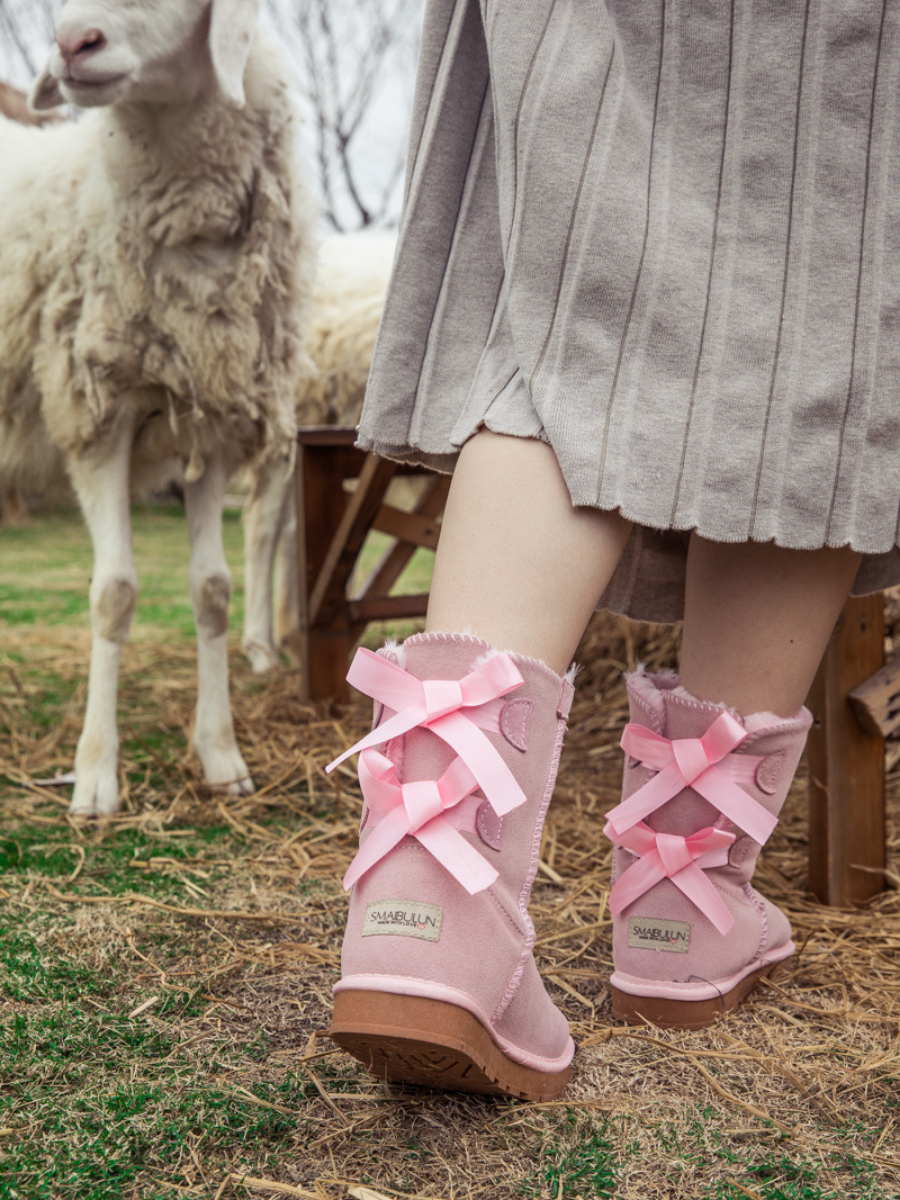 UGG Double Ballet Ribbon Bow Suede Shearling Boots - Pink