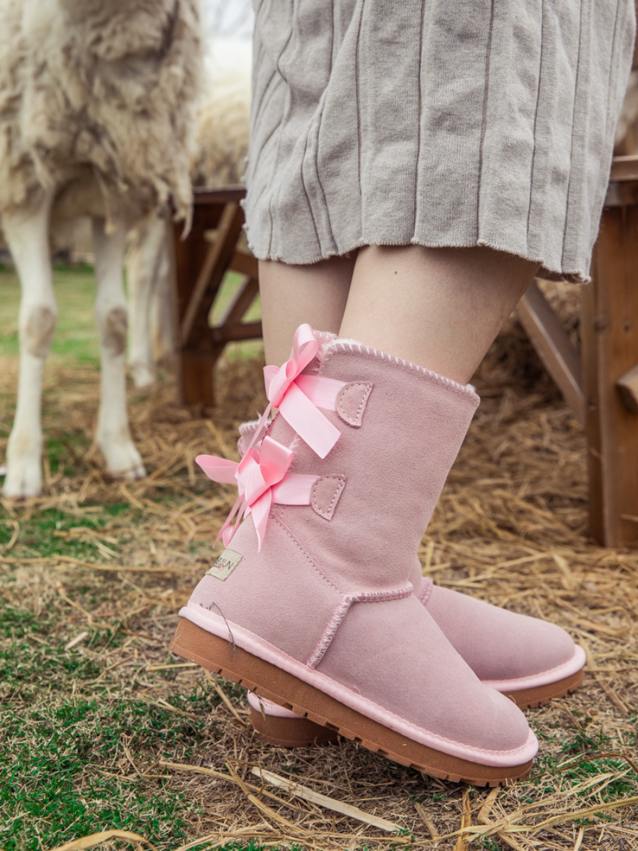 UGG Double Ballet Ribbon Bow Suede Shearling Boots - Pink