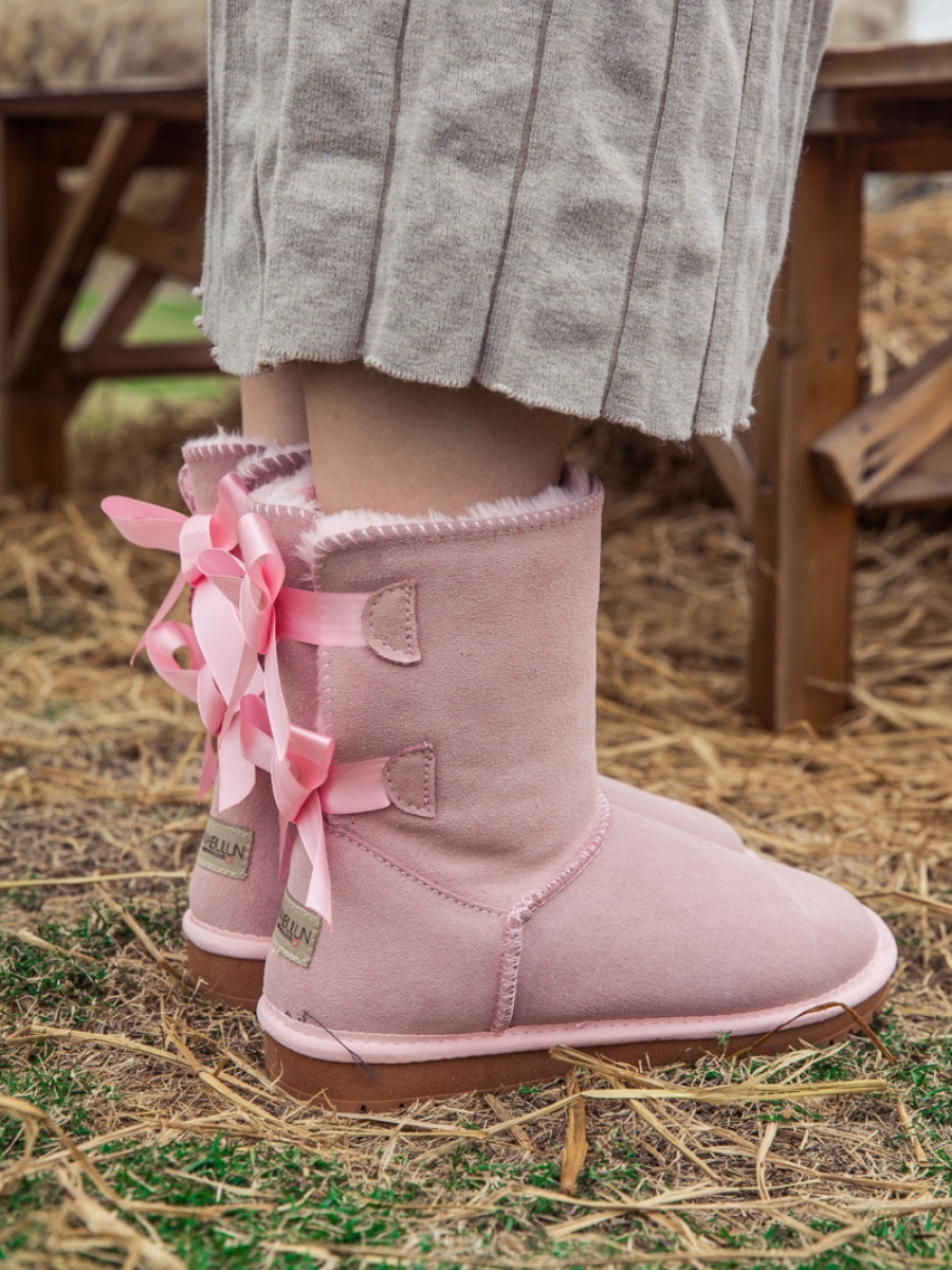 UGG Double Ballet Ribbon Bow Suede Shearling Boots - Pink