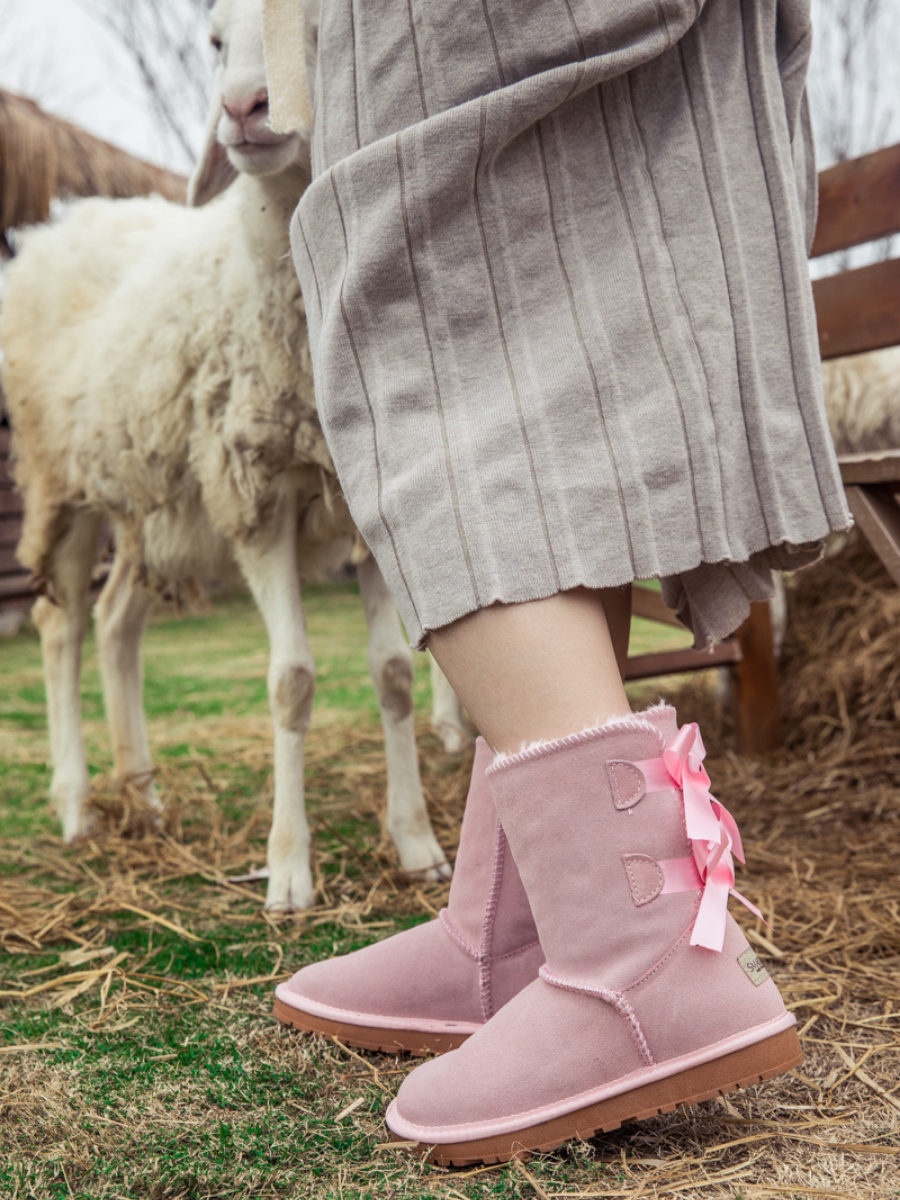 UGG Double Ballet Ribbon Bow Suede Shearling Boots - Pink