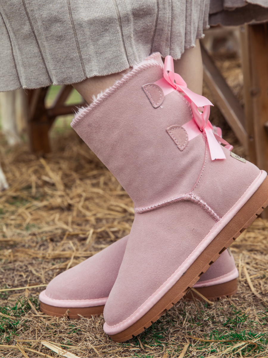 UGG Double Ballet Ribbon Bow Suede Shearling Boots - Pink