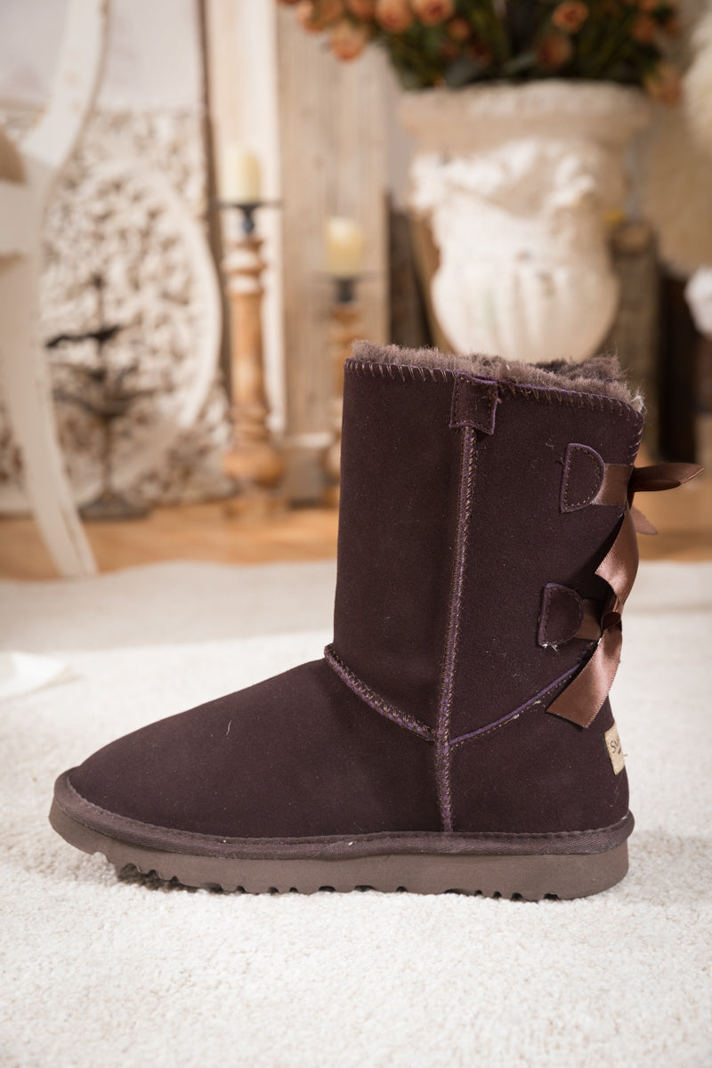 UGG Double Ballet Ribbon Bow Suede Shearling Boots - Brown