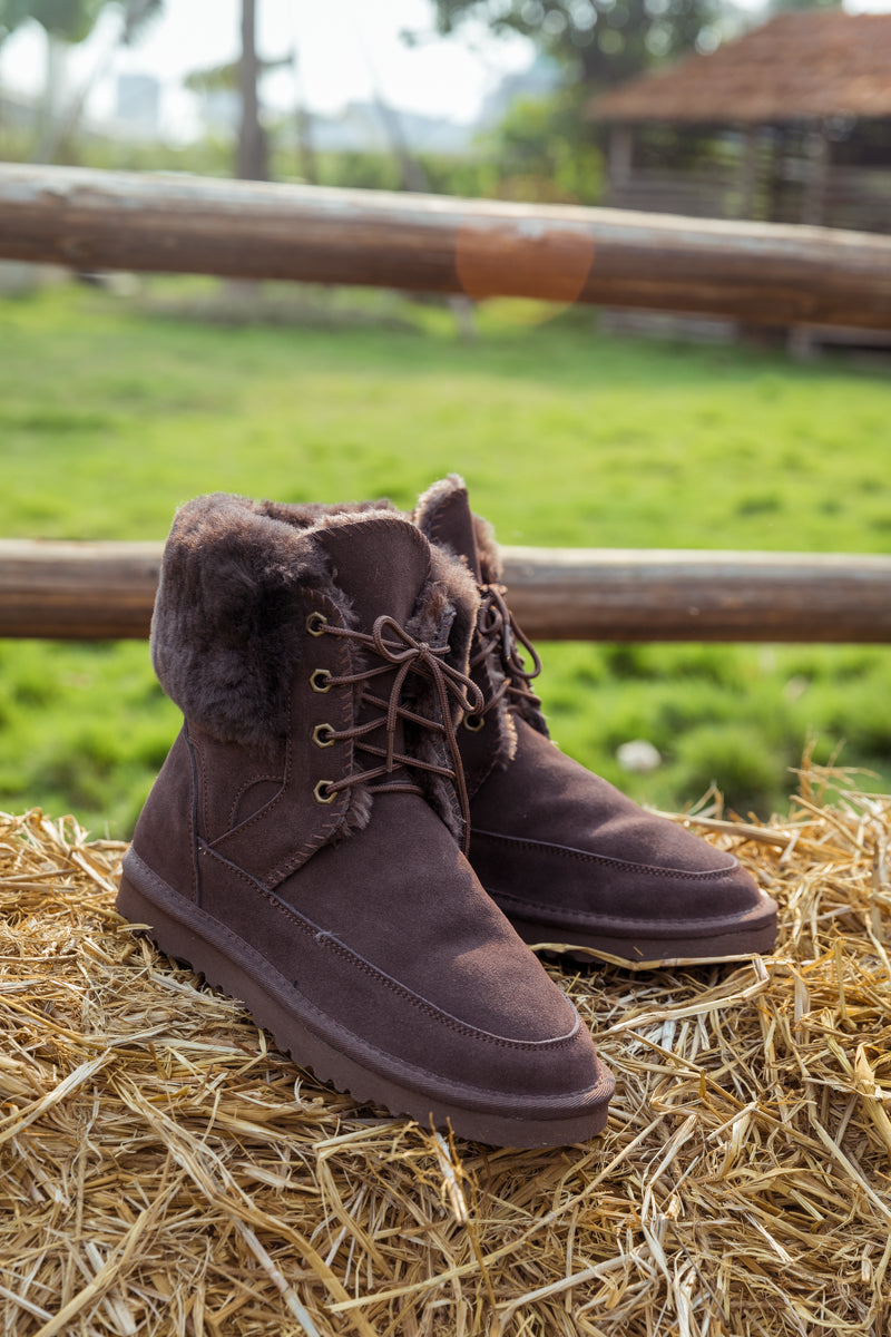 UGG Wool-Lined Suede Tie Up Boots - Chocolate