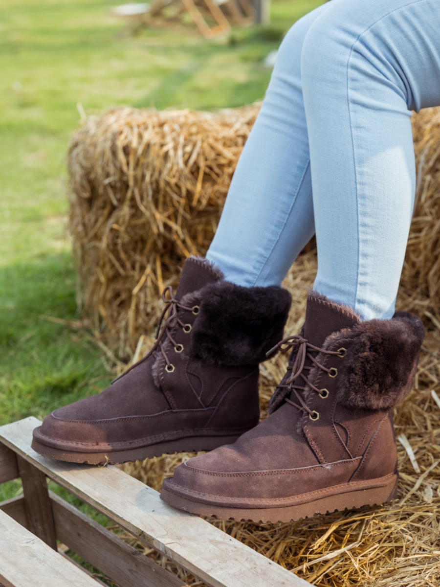 UGG Wool-Lined Suede Tie Up Boots - Chocolate