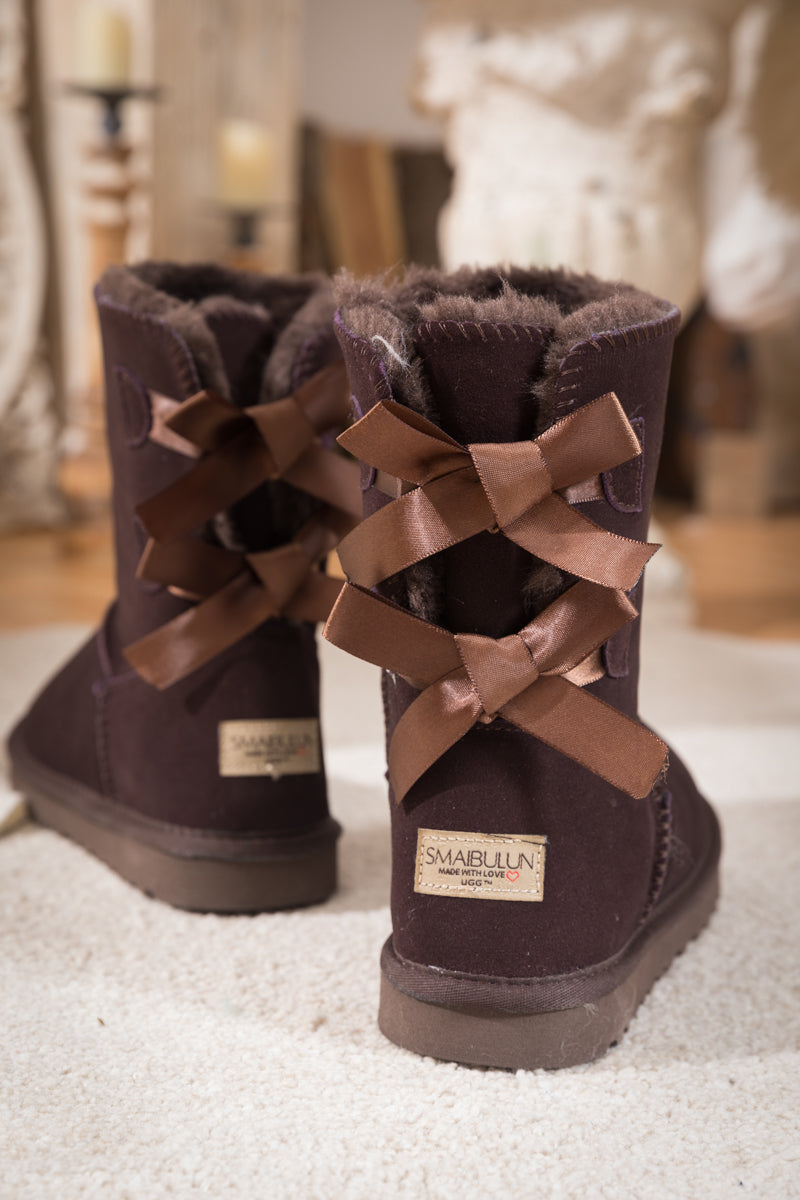 UGG Double Ballet Ribbon Bow Suede Shearling Boots - Brown