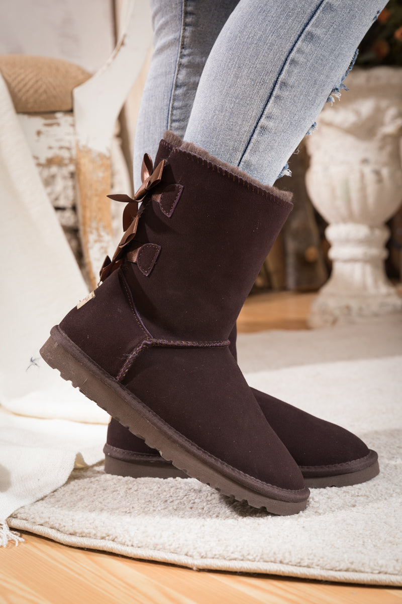 UGG Double Ballet Ribbon Bow Suede Shearling Boots - Brown