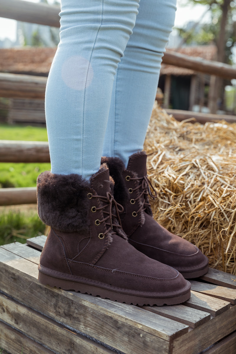 UGG Wool-Lined Suede Tie Up Boots - Chocolate