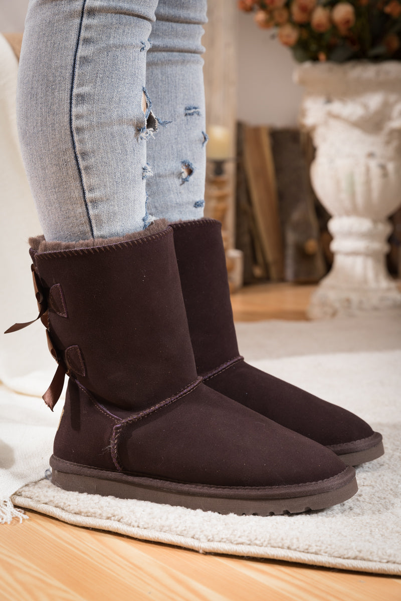 UGG Double Ballet Ribbon Bow Suede Shearling Boots - Brown