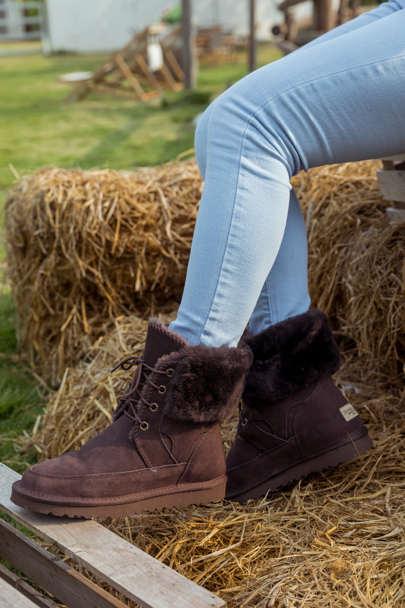 UGG Wool-Lined Suede Tie Up Boots - Chocolate