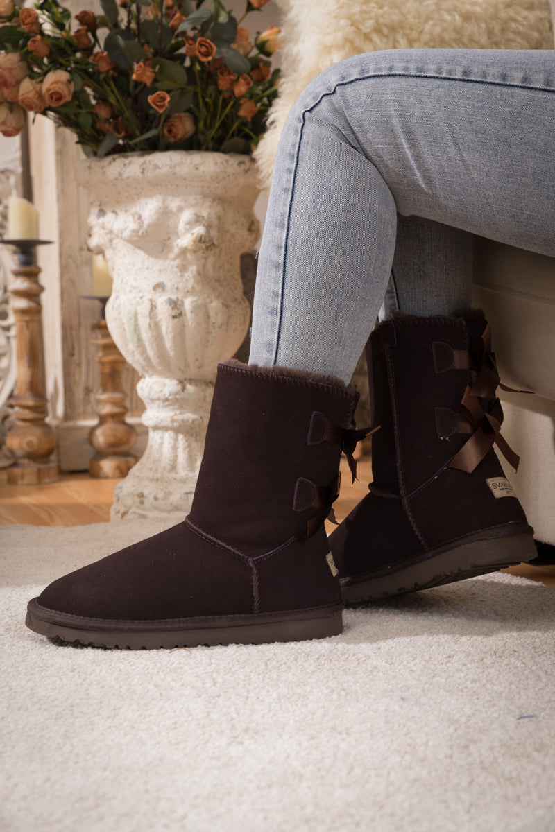 UGG Double Ballet Ribbon Bow Suede Shearling Boots - Brown