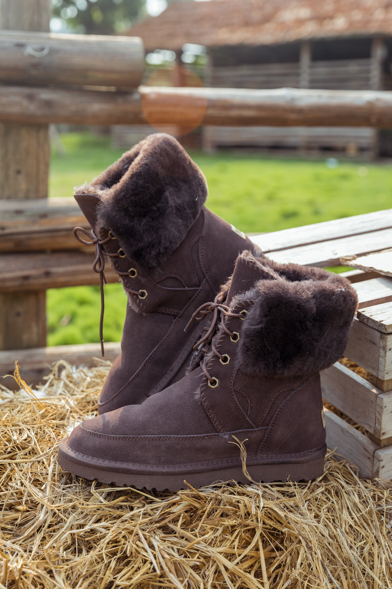UGG Wool-Lined Suede Tie Up Boots - Chocolate