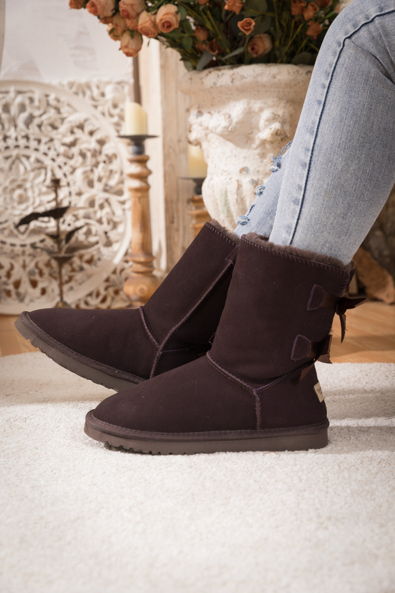 UGG Double Ballet Ribbon Bow Suede Shearling Boots - Brown