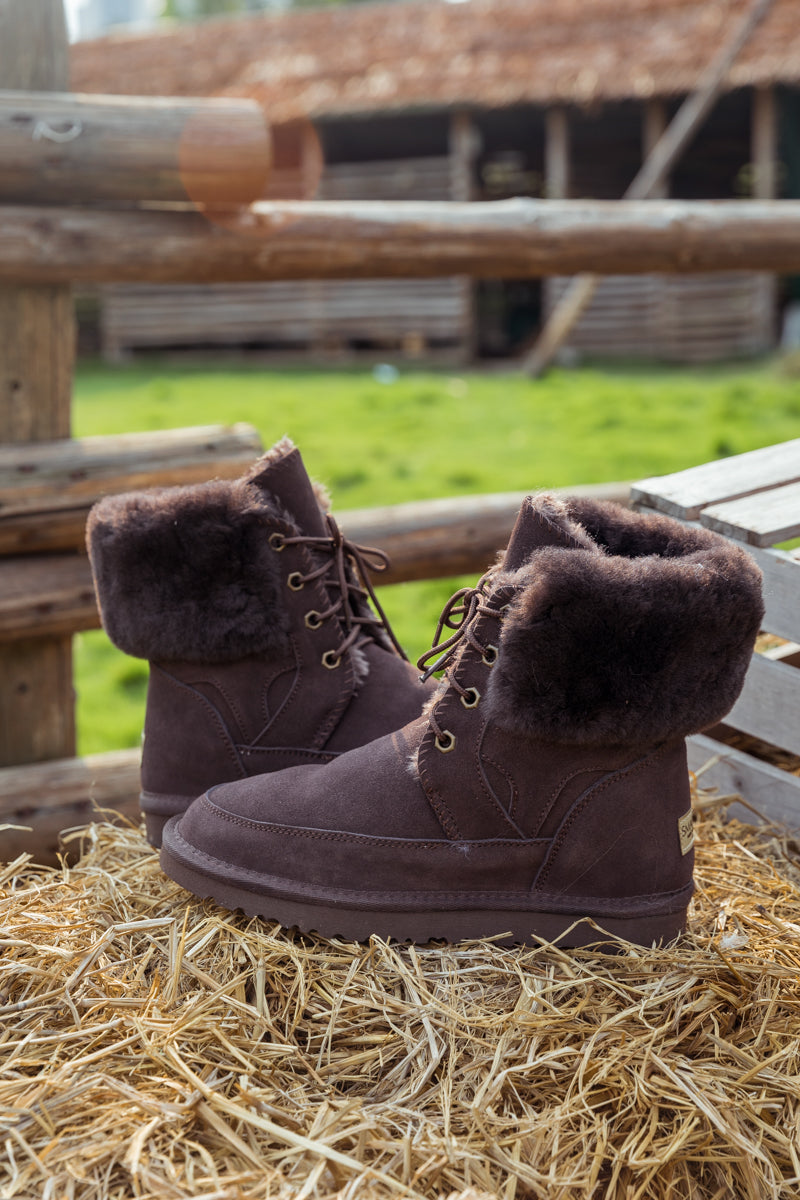 UGG Wool-Lined Suede Tie Up Boots - Chocolate