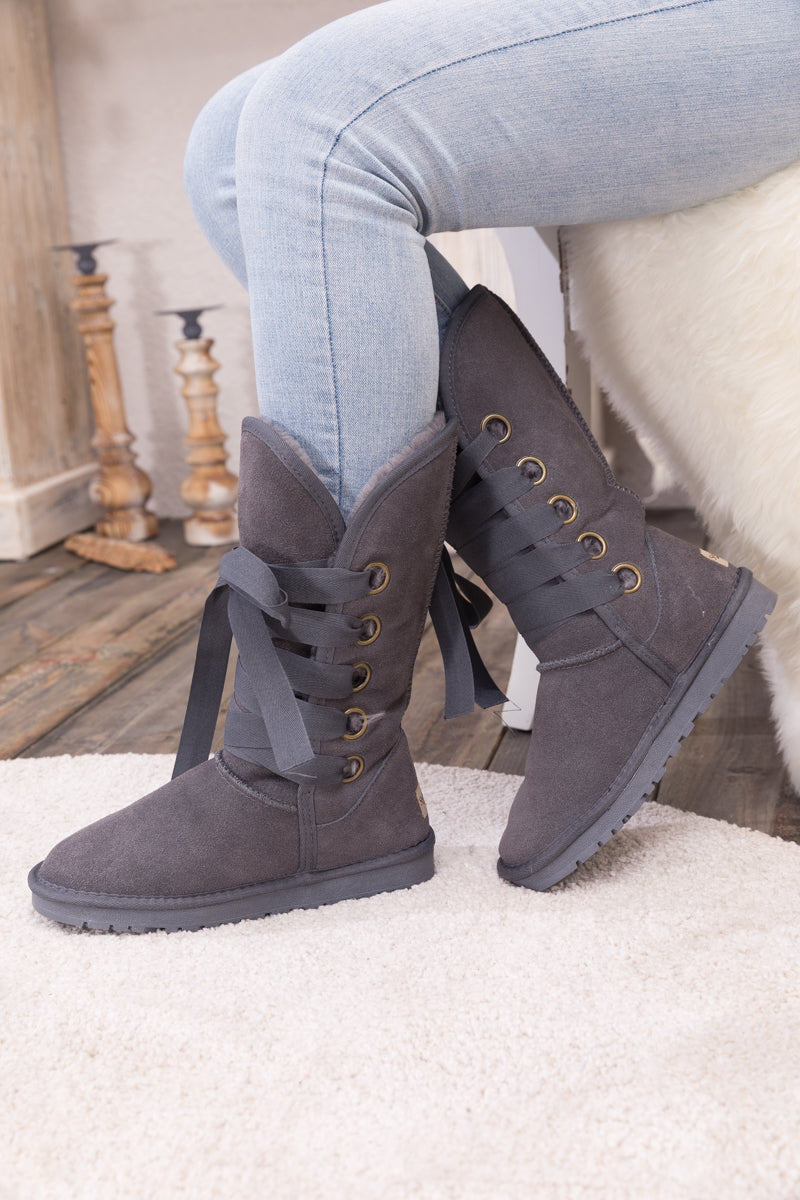 UGG Ribbon Lace-Up Faux Fur-lined Suede Boot - Charcoal