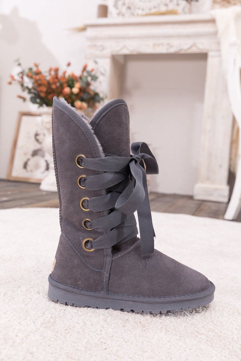 UGG Ribbon Lace-Up Faux Fur-lined Suede Boot - Charcoal
