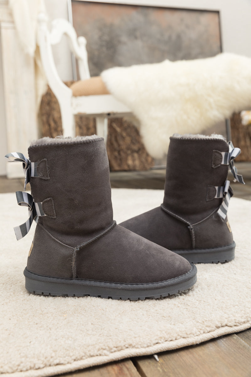 UGG Serenity Striped Bailey Bow Shearling Boots - Grey