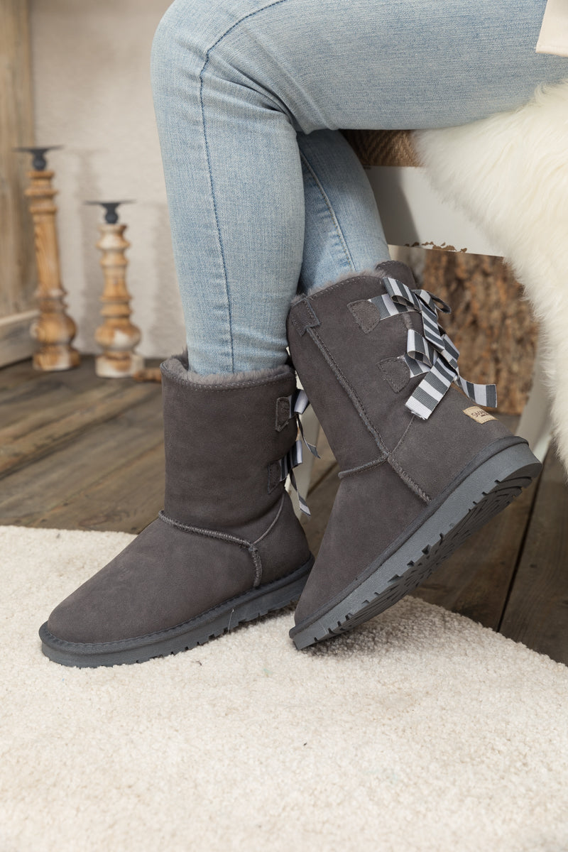UGG Serenity Striped Bailey Bow Shearling Boots - Grey