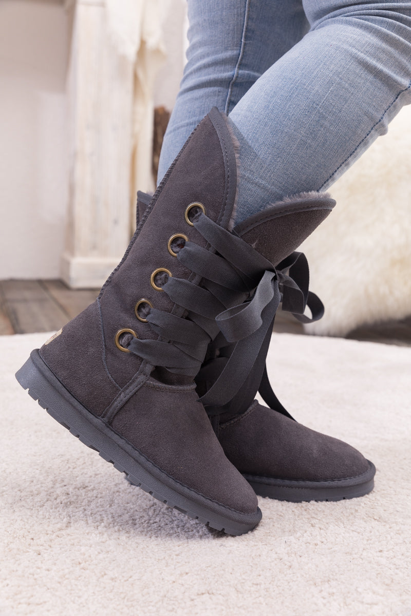 UGG Ribbon Lace-Up Faux Fur-lined Suede Boot - Charcoal