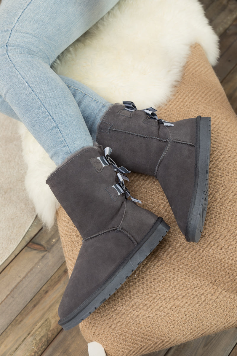 UGG Serenity Striped Bailey Bow Shearling Boots - Grey