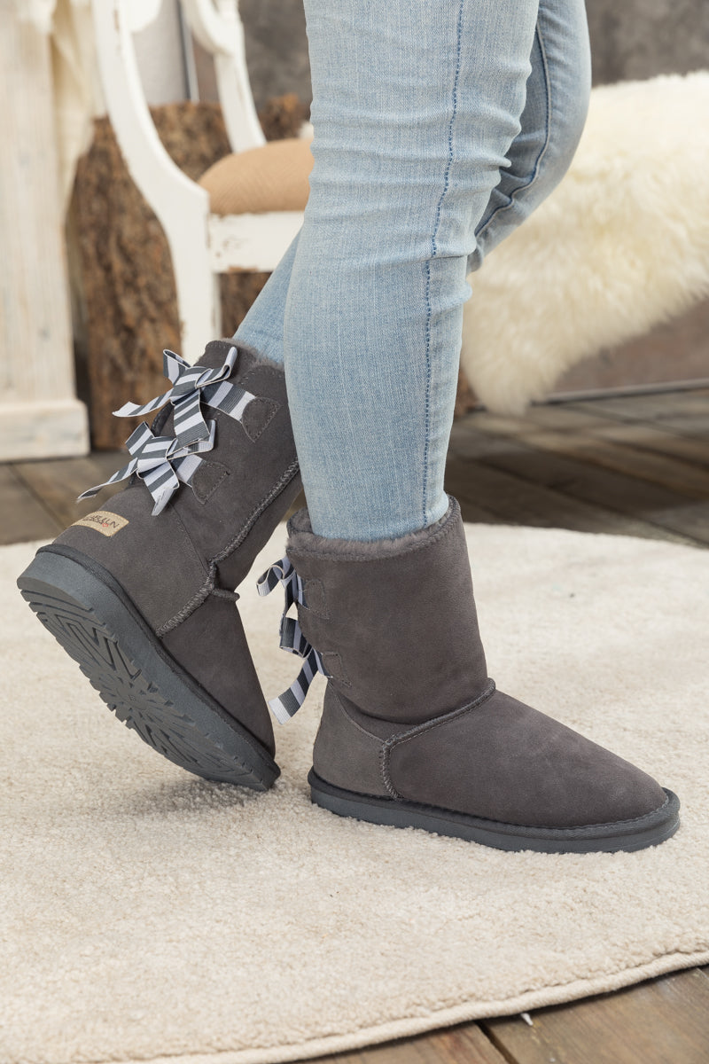 UGG Serenity Striped Bailey Bow Shearling Boots - Grey