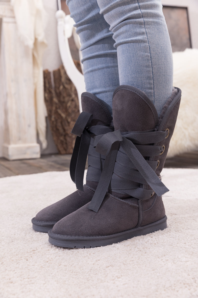UGG Ribbon Lace-Up Faux Fur-lined Suede Boot - Charcoal