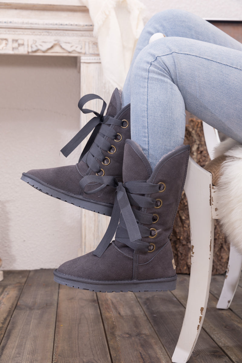 UGG Ribbon Lace-Up Faux Fur-lined Suede Boot - Charcoal