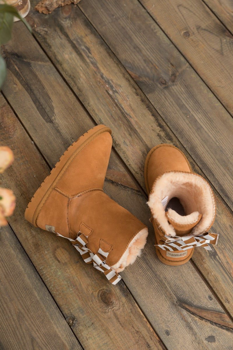 UGG Serenity Striped Bailey Bow Shearling Boots - Chestnut