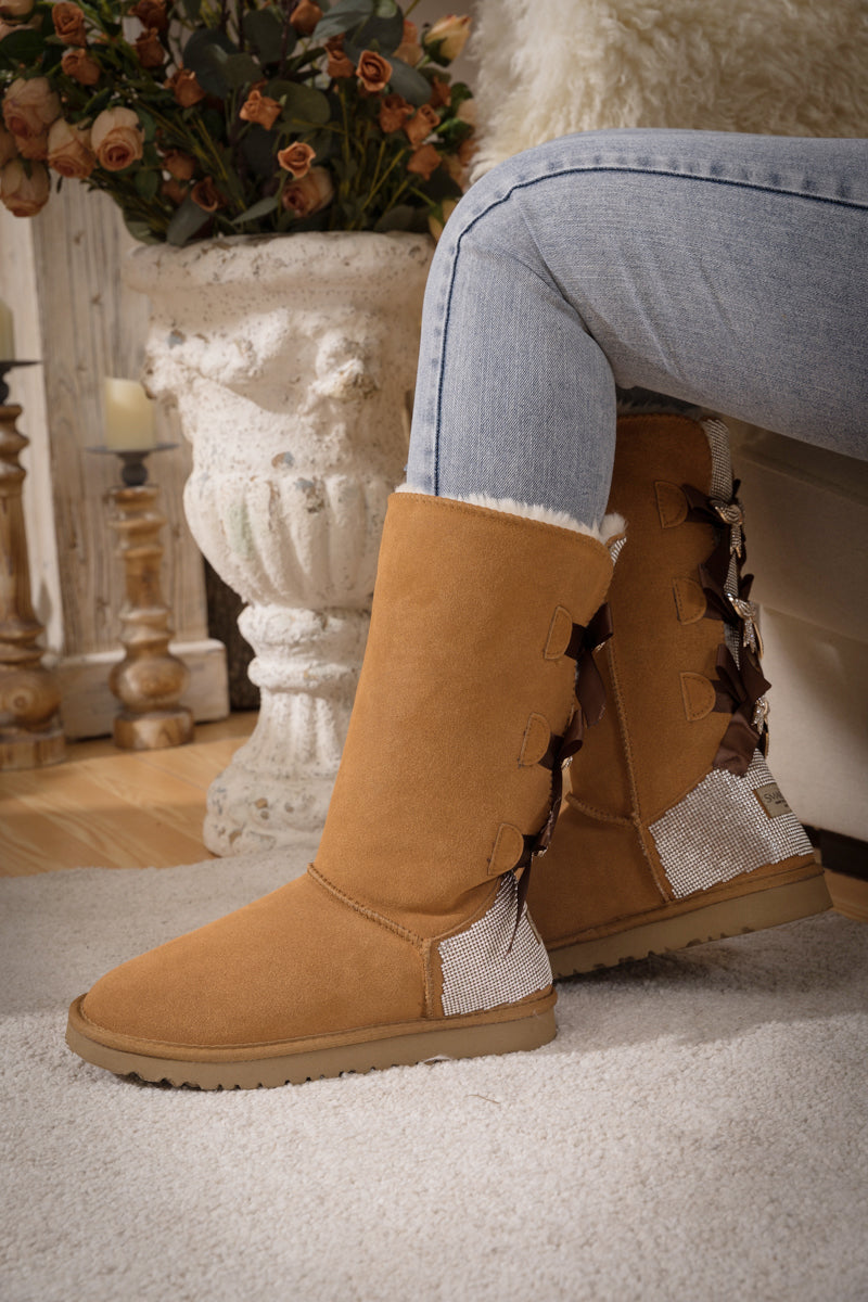 UGG Rhinestone Ribbon Tri-Tie Bow Suede Boots - Chestnut