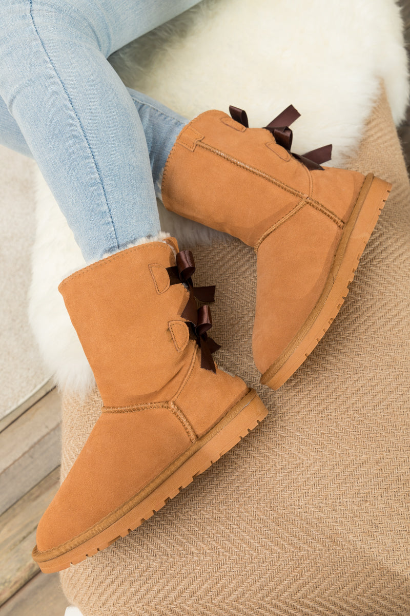 UGG Double Ballet Ribbon Bow Suede Shearling Boots - Chestnut