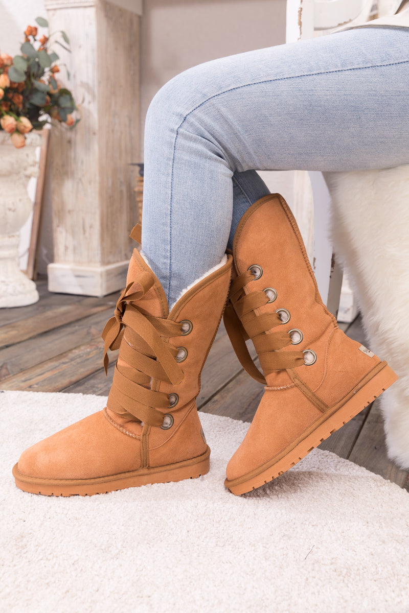 UGG Ribbon Lace-Up Faux Fur-lined Suede Boot - Chestnut