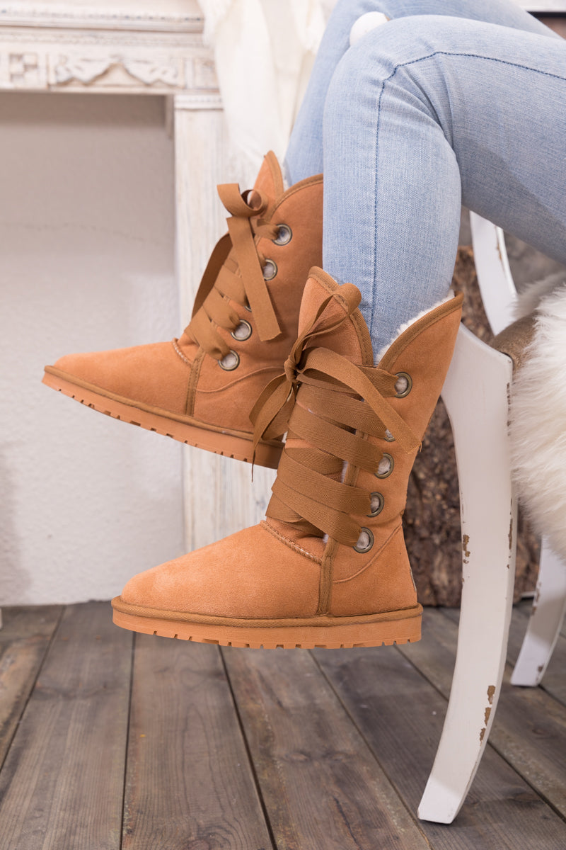 UGG Ribbon Lace-Up Faux Fur-lined Suede Boot - Chestnut