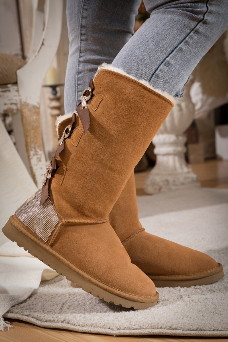 UGG Rhinestone Ribbon Tri-Tie Bow Suede Boots - Chestnut