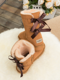 UGG Double Ballet Ribbon Bow Suede Shearling Boots - Chestnut
