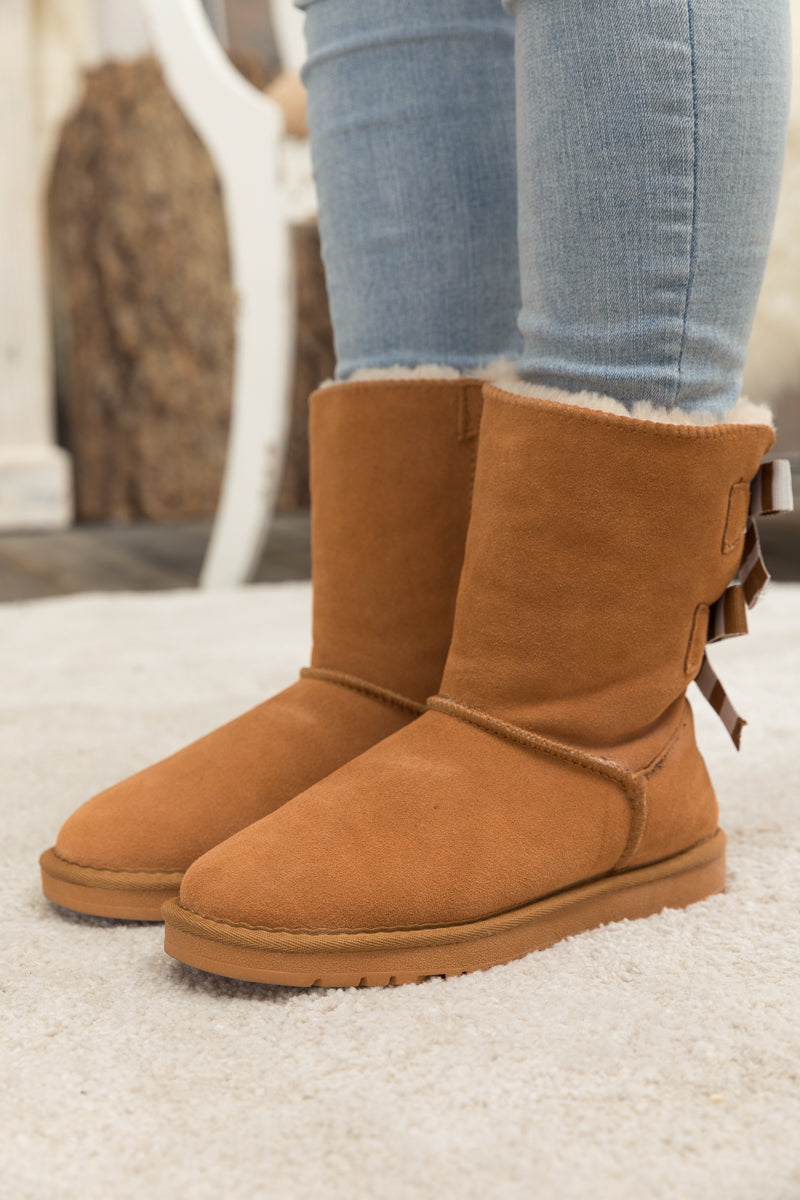 UGG Serenity Striped Bailey Bow Shearling Boots - Chestnut